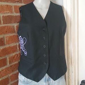 Black Vest, Womens M L, Lavender Embroidery, Whimsigoth Y2K Academia Dark